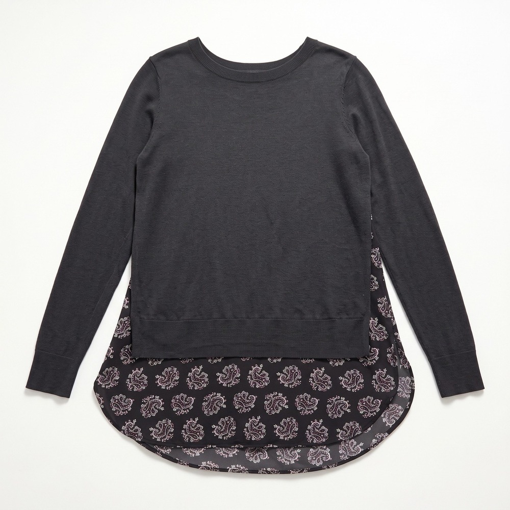 LOFT Womens S Charcoal Gray Paisley Chiffon Mixed Media Sweater Boho Casual